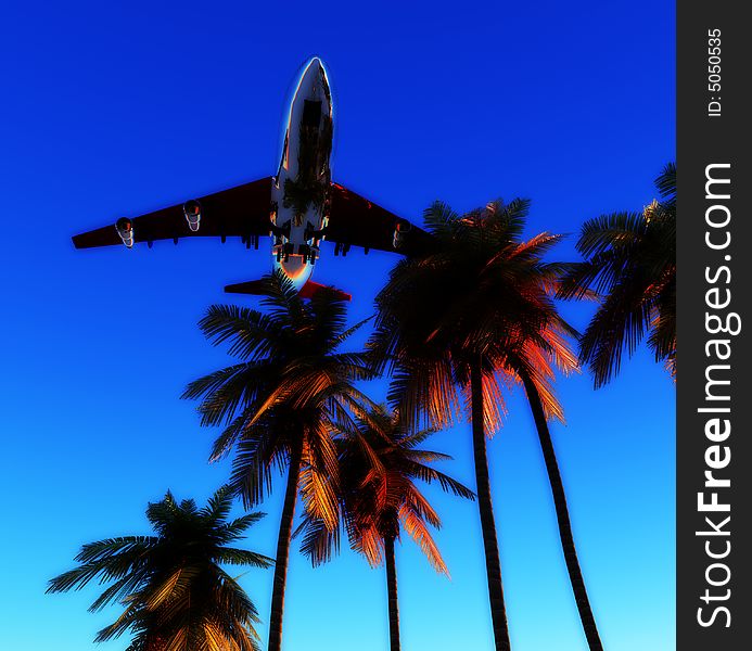 An image of a plane and palm trees against a tropical clear sky, it would be a good conceptual image representing holidays. An image of a plane and palm trees against a tropical clear sky, it would be a good conceptual image representing holidays.