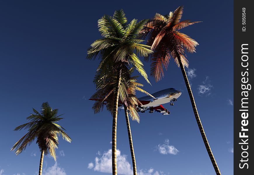 An image of a plane and palm trees against a tropical sky, it would be a good conceptual image representing holidays. An image of a plane and palm trees against a tropical sky, it would be a good conceptual image representing holidays.