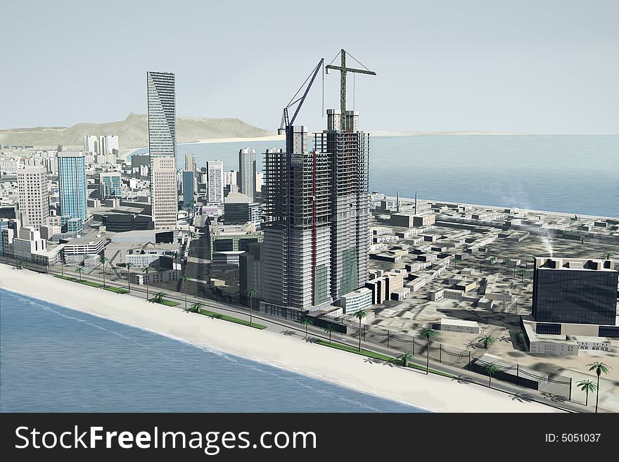 A 3d model of an imaginary city illustration. A 3d model of an imaginary city illustration