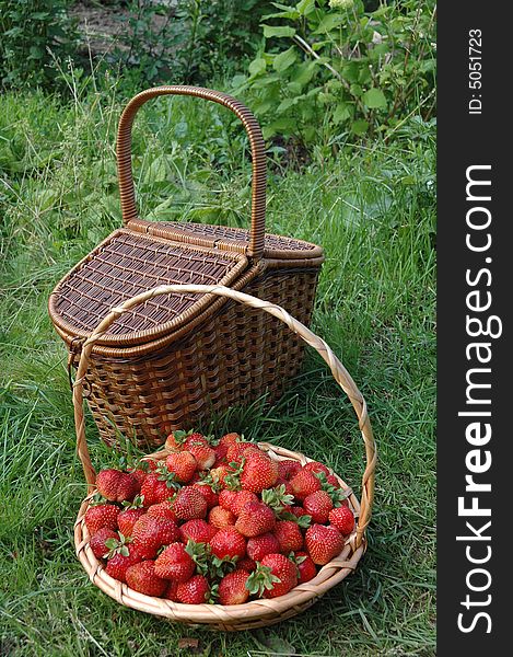 Two baskets sitting in the grass, one overfilled with strawberries. Two baskets sitting in the grass, one overfilled with strawberries.