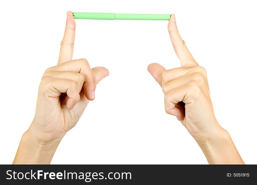 Woman hold on a green plastick pencil , isolated on white background
