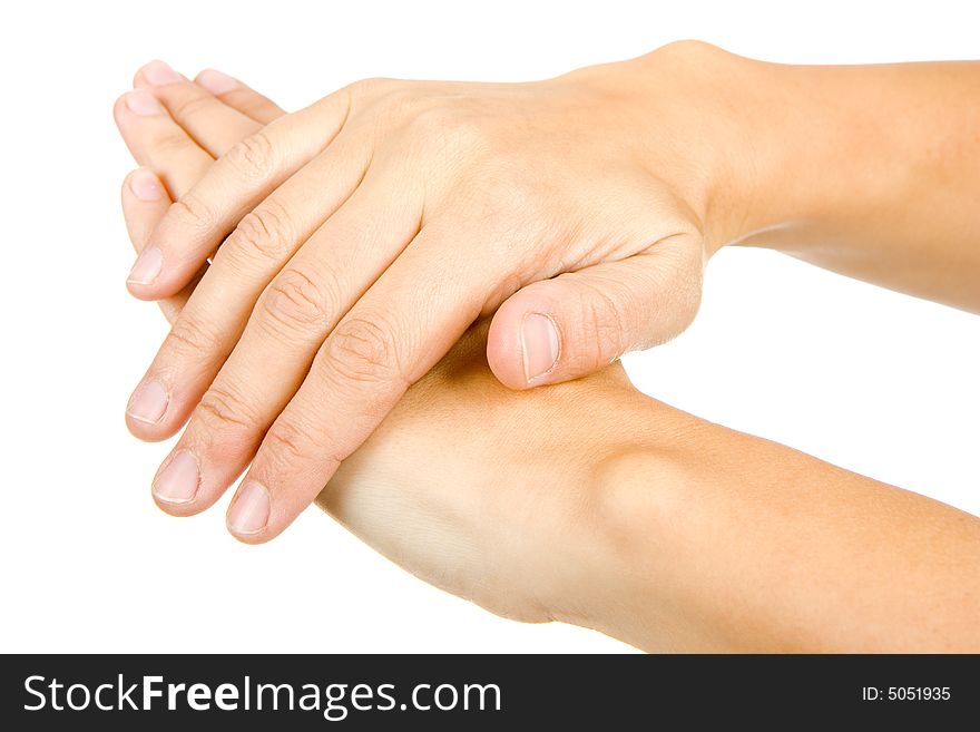 Woman is showing a sign with his hands on a white background