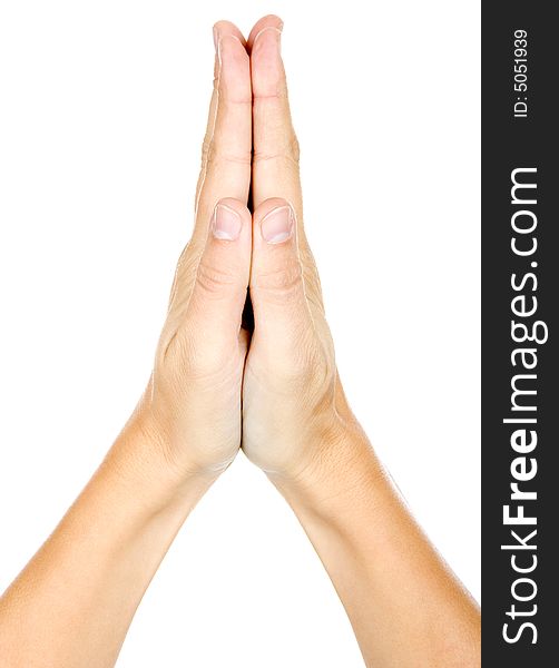 Woman is showing a sign with his hands on a white background