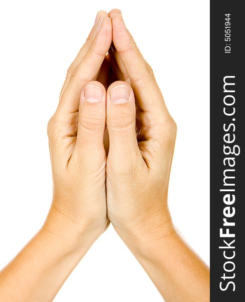 Woman is showing a sign with his hands on a white background