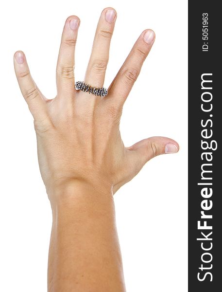 Woman is showing a new ring on his hand, isolated on white background