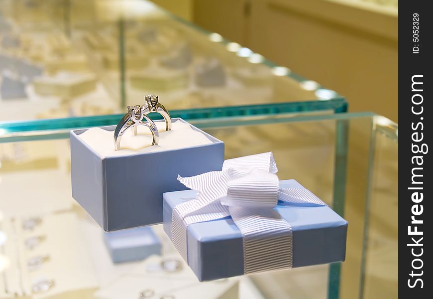 Diamond ring. Present gift in jewerly shop.