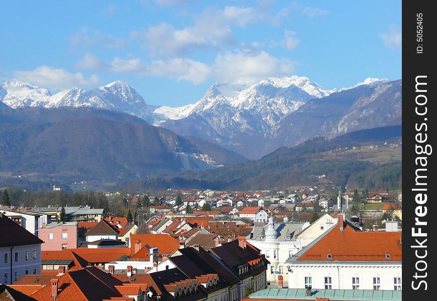 View on Alps in beautiful medieval city.