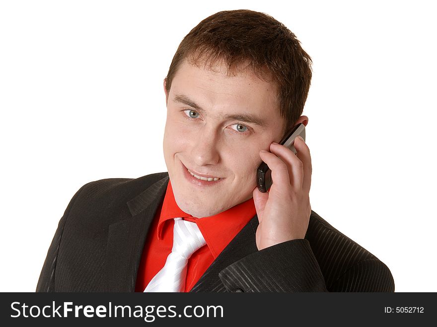 Man in red shirt on cell phone. Man in red shirt on cell phone.