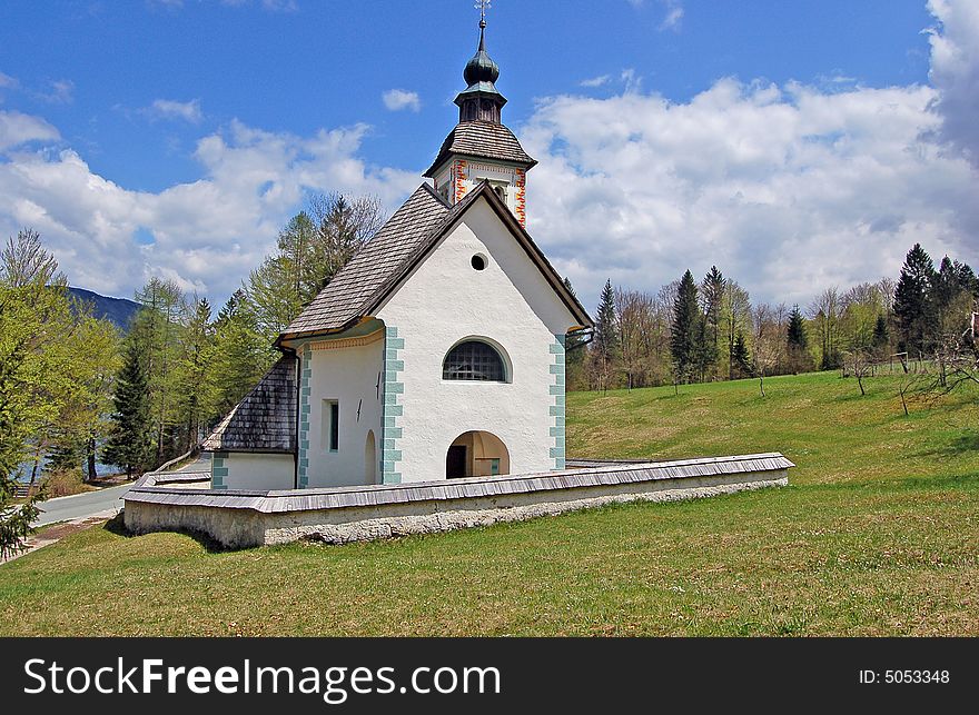 View on a church in countryside in Slovenia