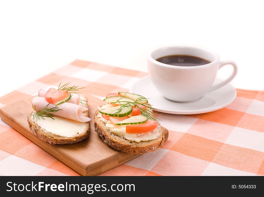 Delicious sandwiches and black coffee. Delicious sandwiches and black coffee
