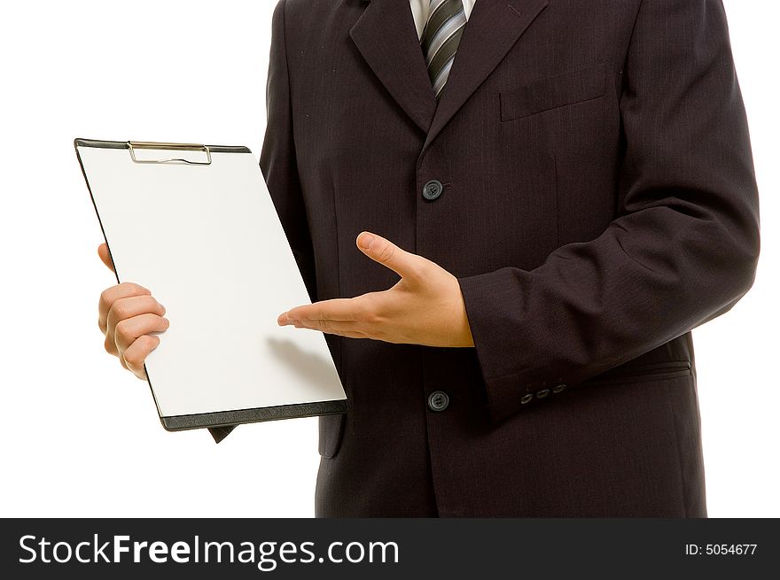 Businessman holding a blank clipboard. Room for your text