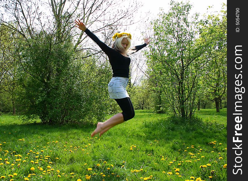 Flying one girl in nature, freedom