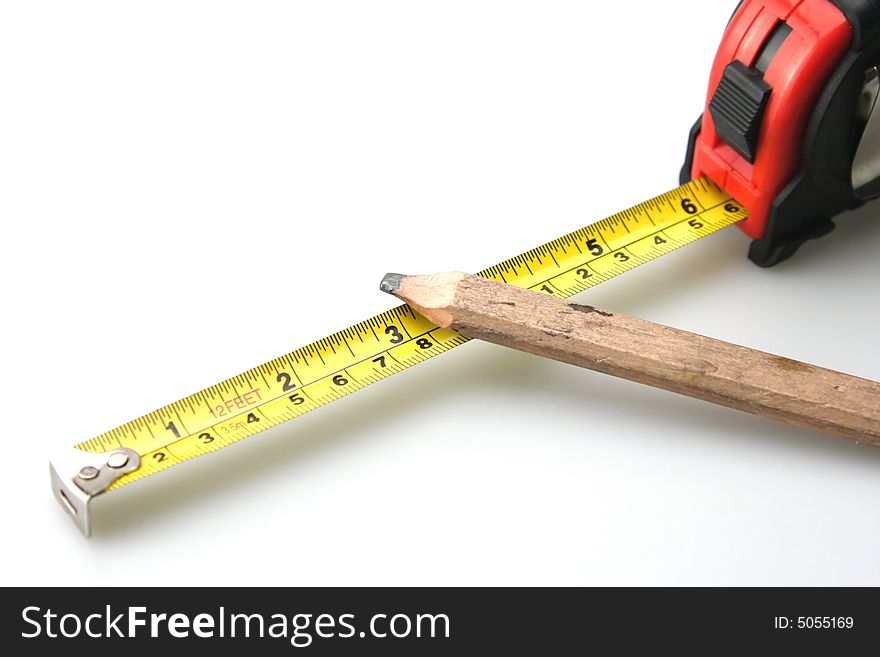 Pencil and Black and Red Tape Measure White Background. Pencil and Black and Red Tape Measure White Background