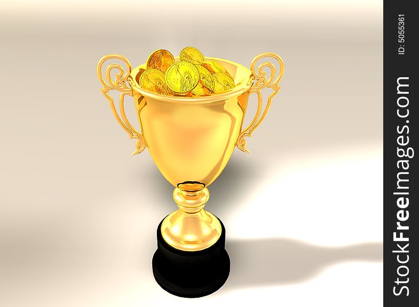 3d Illustration of trophy cup and coins