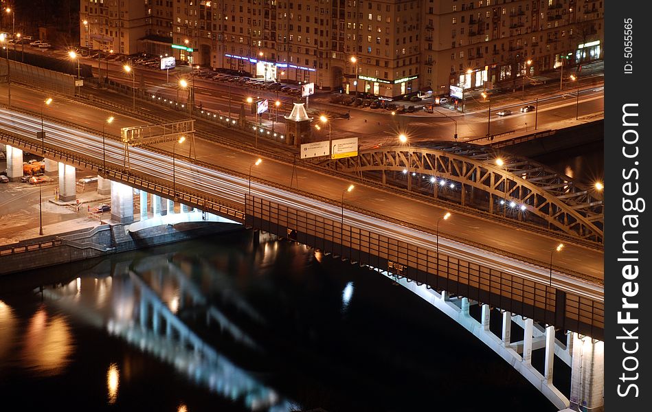 Moscow at night, river bridge. Moscow at night, river bridge