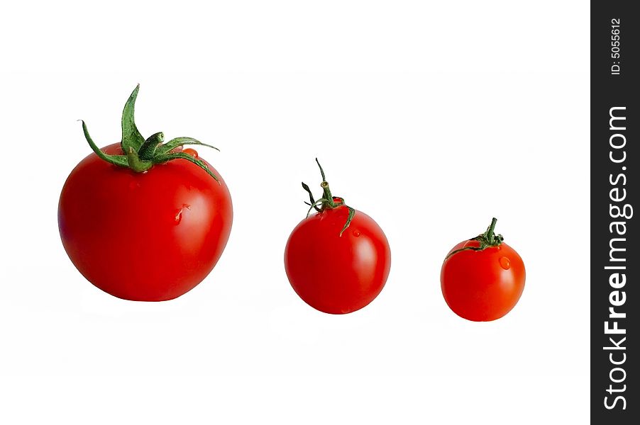 Three tomatoes on white background and water drops on them