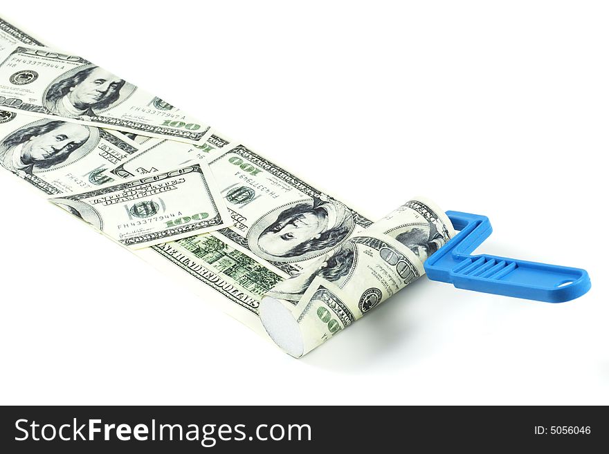 Abstract concept . Roller with dollar paint on white background. Abstract concept . Roller with dollar paint on white background