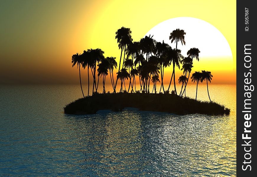 Sunset coconut palm trees on small island - 3d illustration.