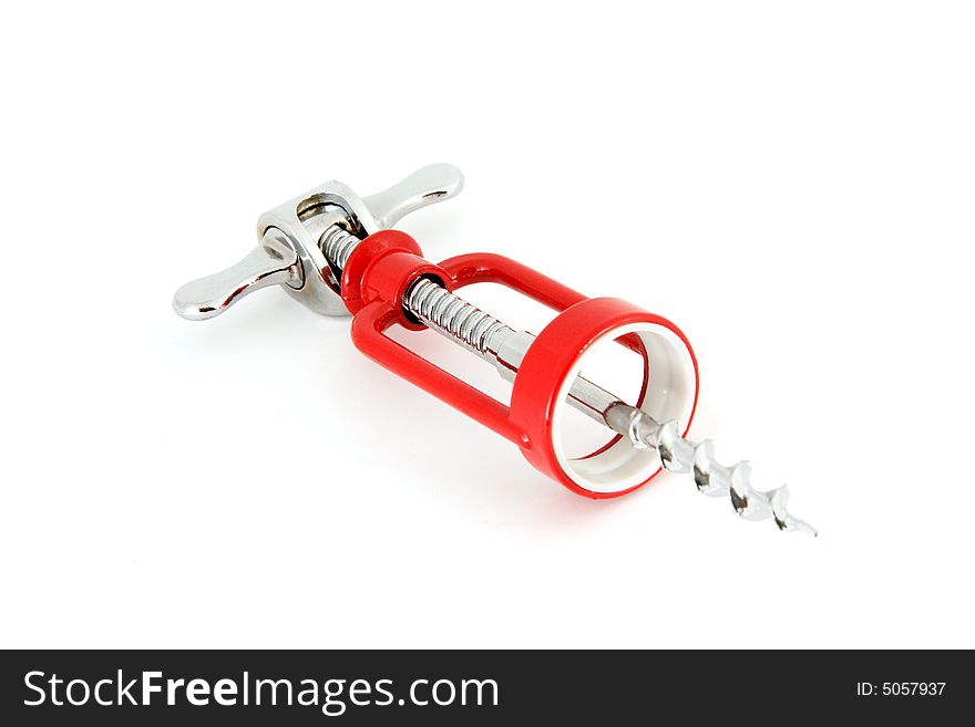 Device with red body and bright steel piercer for opening corked bottles. Device with red body and bright steel piercer for opening corked bottles