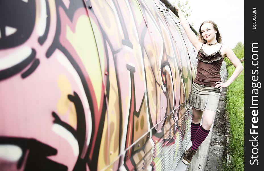 Pretty Blond Girl Against Graffiti. Pretty Blond Girl Against Graffiti