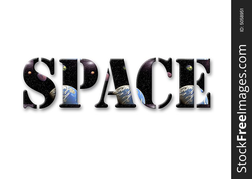 The abstract space inscription on the white background, isolated. Letters have a pattern from planets and stars.