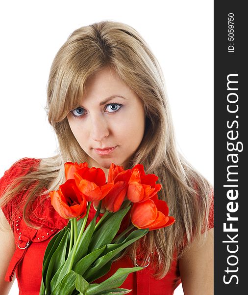 Beautiful girl with bouquet of red tulips. Beautiful girl with bouquet of red tulips