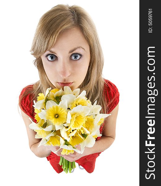 Wide angled funny girl with daffodils