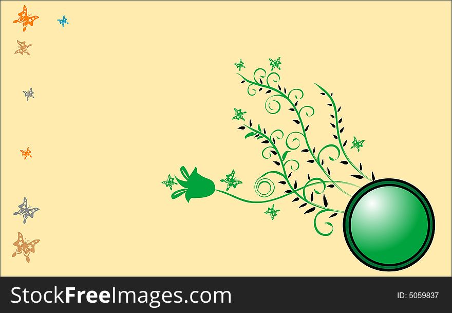 Abstract floral background with colored butterflies and green circle. Abstract floral background with colored butterflies and green circle
