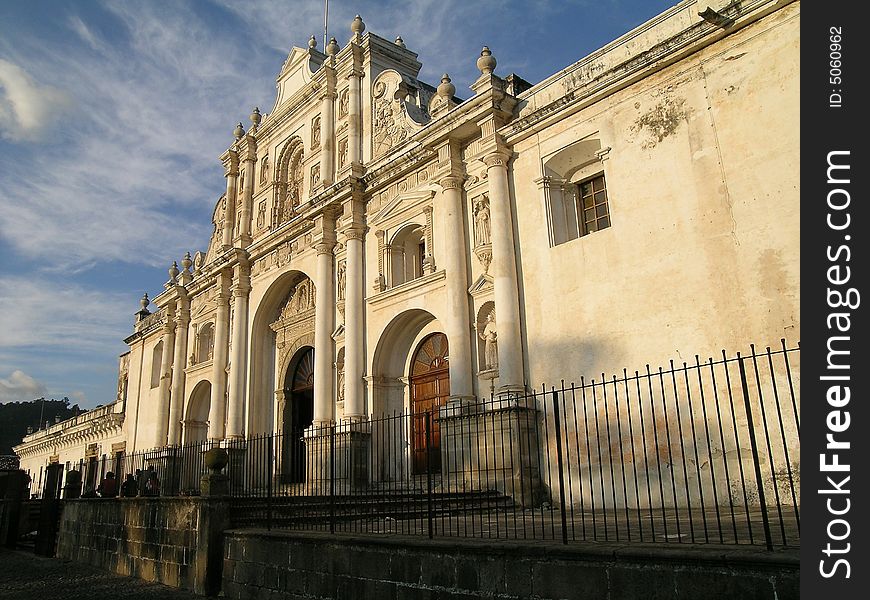 Catholic church in Antigua, Guatemala with blue sky background