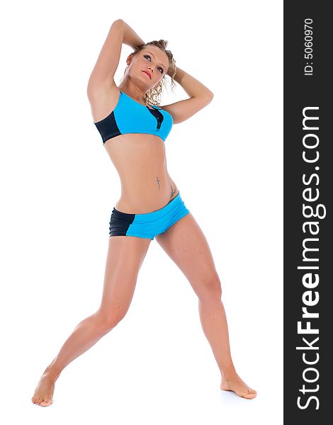 Girl practicing fitness on white background