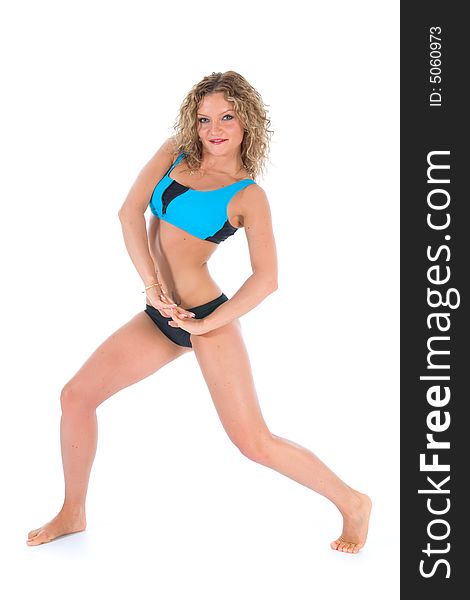 Girl practicing fitness on white background