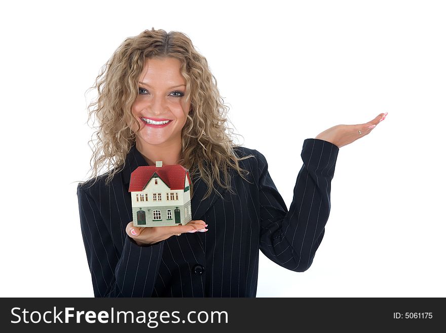 Business woman advertises real estate on white background