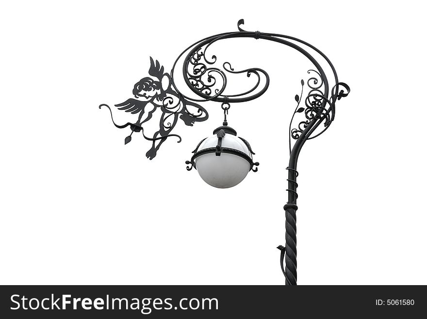 Derorated street lantern with Eros figure, isolated on white. Derorated street lantern with Eros figure, isolated on white