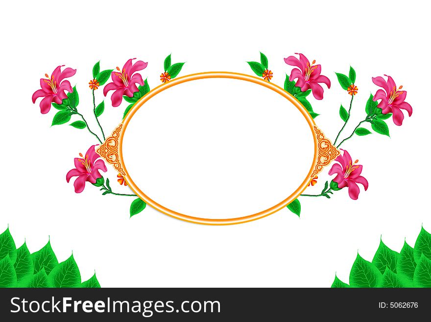 Gold oval designed border blank framed banner with flowers and leaves