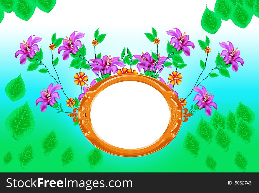 Gold oval designed border blank framed banner with flowers and leaves