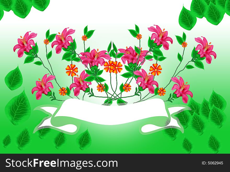 Designed banner with flowers and leaves and green colour background