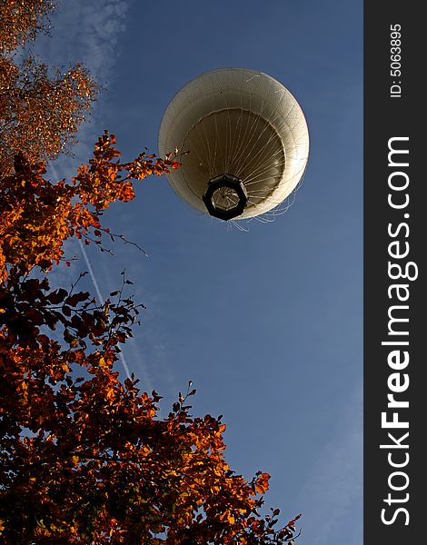 Looking up at a white hot air balloon in the air above the trees