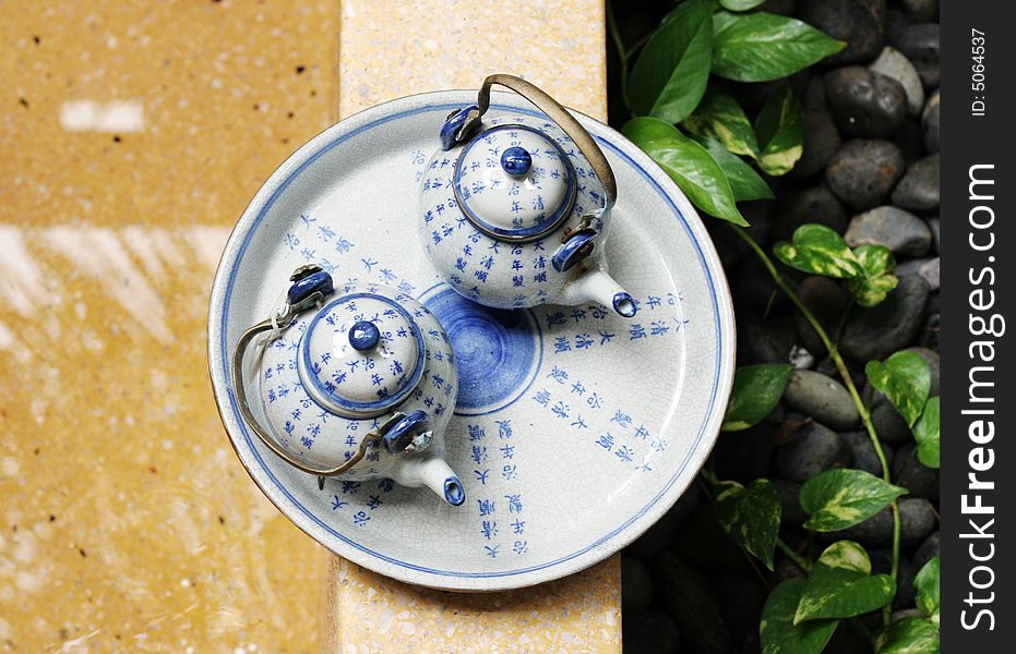 Pretty blue and white Asian pottery tea set.
