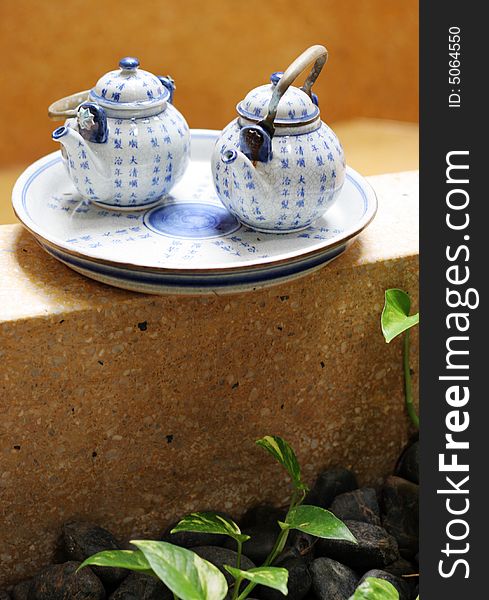 Pretty blue and white Asian pottery tea set.