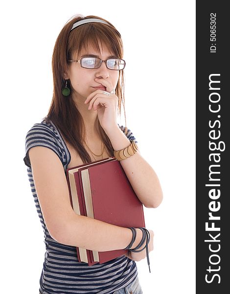 The young attractive student with books isolated on a white background