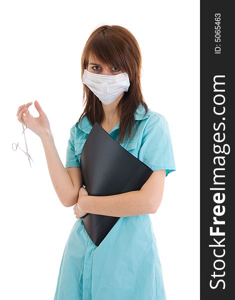 The young attractive nurse with a folder isolated