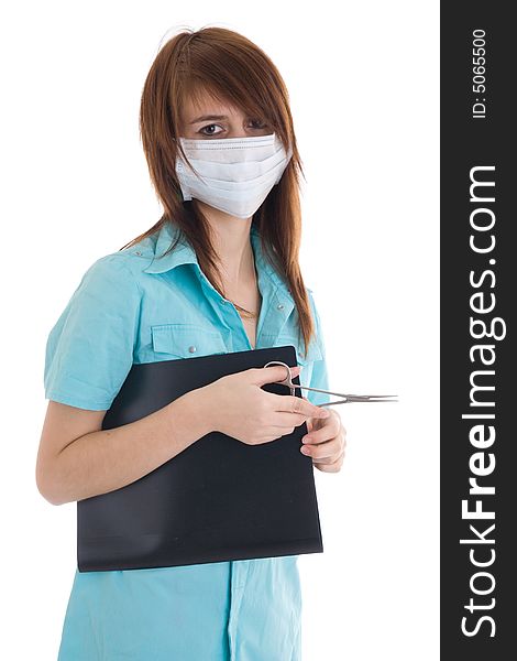 The young attractive nurse with a folder isolated on a white background