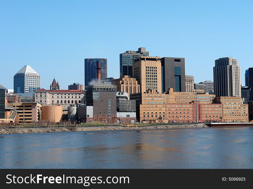 A picture of urban St. Paul from across from river. A picture of urban St. Paul from across from river