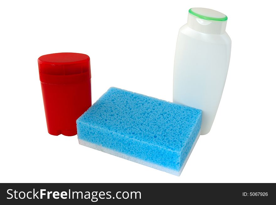 Bath collection. Red deodorant, white shower-gel (or shampoo) and blue sponge.