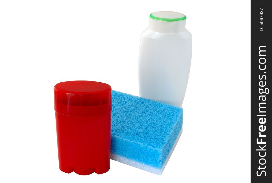 Bath collection. Red deodorant, white shower-gel (or shampoo) and blue sponge.