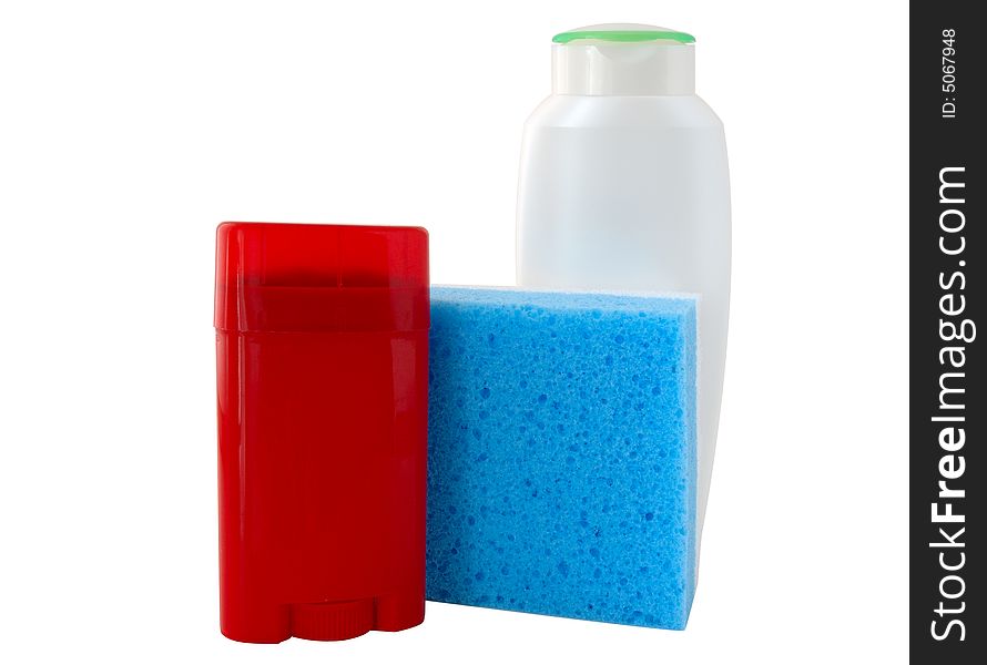 Bath collection. Red deodorant, white shower-gel (or shampoo) and blue sponge.