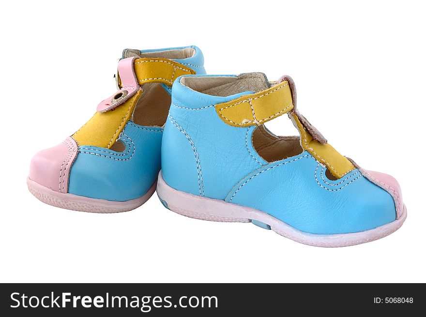 Baby's summer leather boots. Coloured in bright colours - pink, blue and yellow.