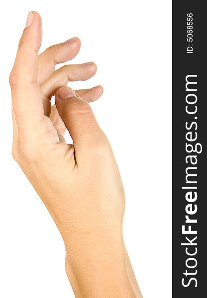 Woman is showing a sign with his hands on a white background