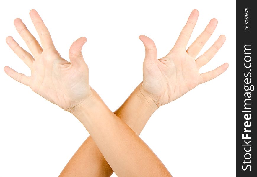 Woman is showing a sign with hands on a white background
