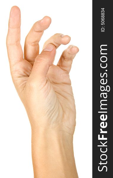 Woman is showing a sign with hands on a white background